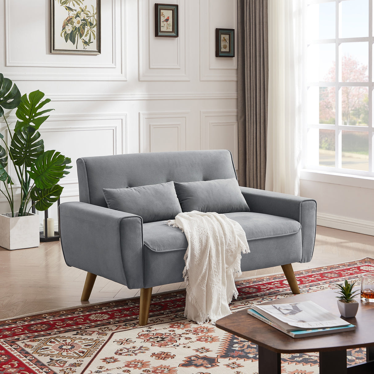 48.82" Small Tufted Loveseat Sofa with 2 Pillows and Tapered Wood Legs