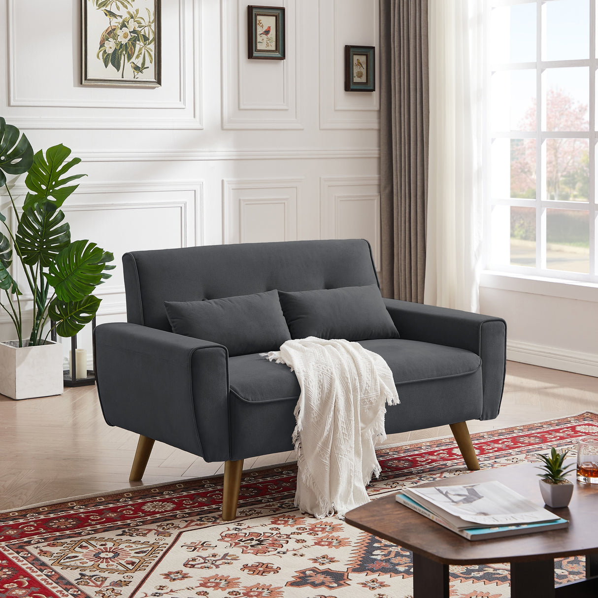 48.82" Small Tufted Loveseat Sofa with 2 Pillows and Tapered Wood Legs