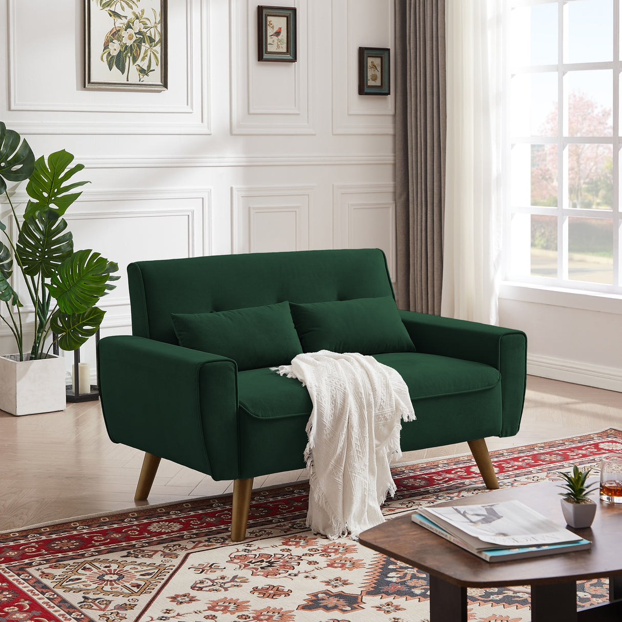 48.82" Small Tufted Loveseat Sofa with 2 Pillows and Tapered Wood Legs