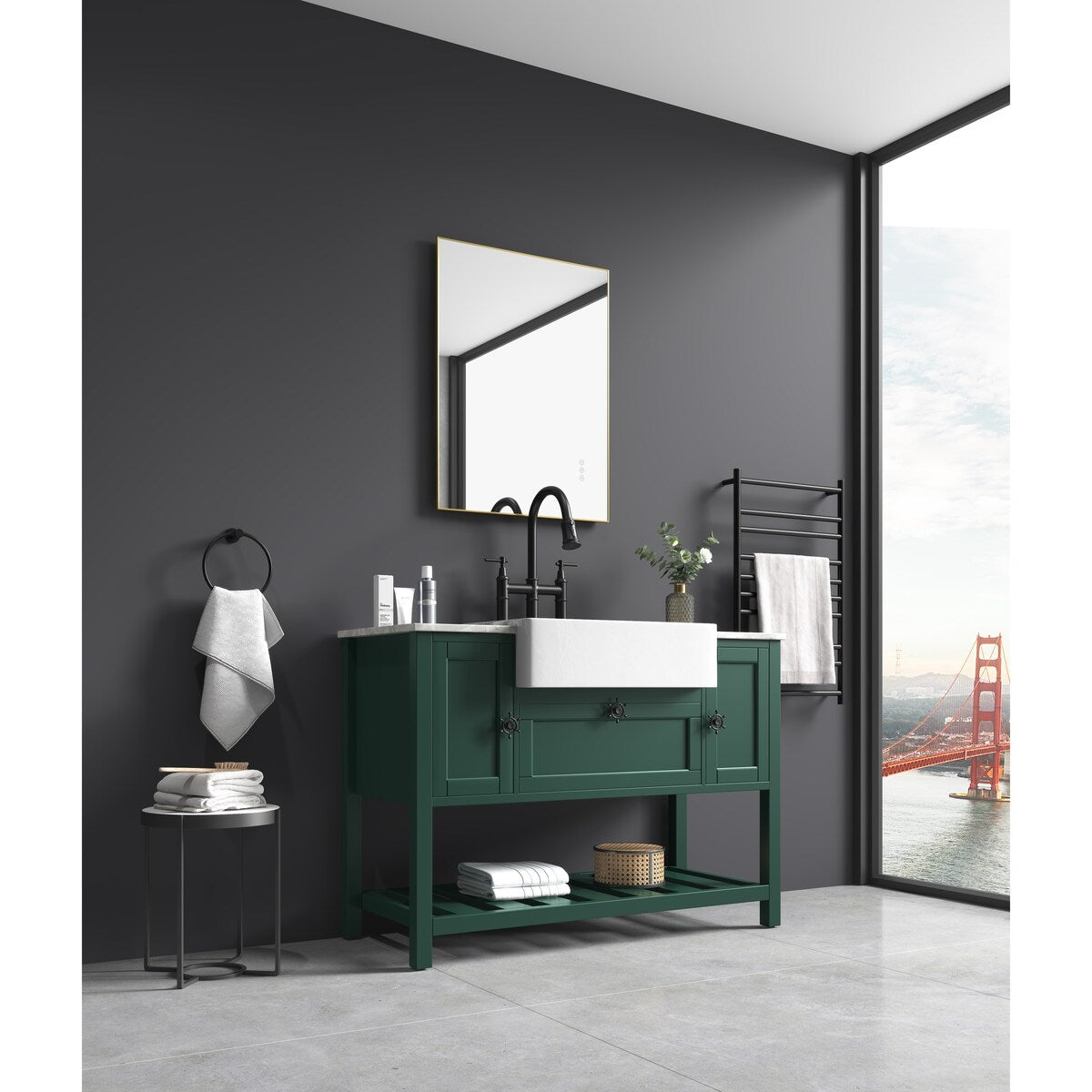 48" Farmhouse Single Bathroom Vanity Set with Imitation Stone Pattern Waterproof Countertop and Soft-Closing Doors.