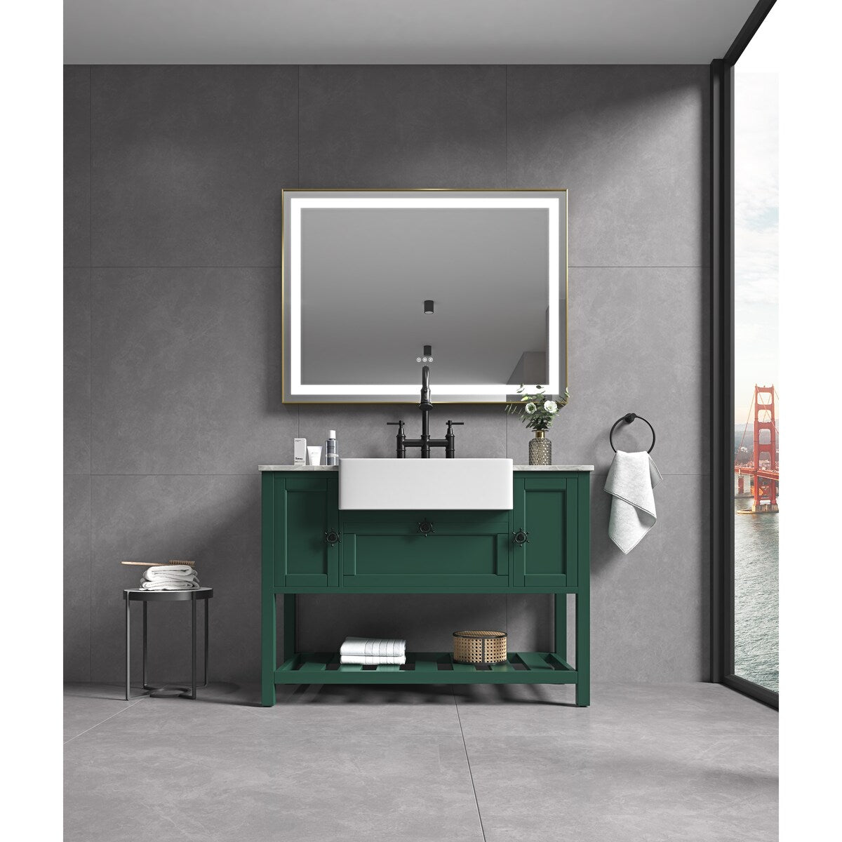 48" Farmhouse Single Bathroom Vanity Set with Imitation Stone Pattern Waterproof Countertop and Soft-Closing Doors.