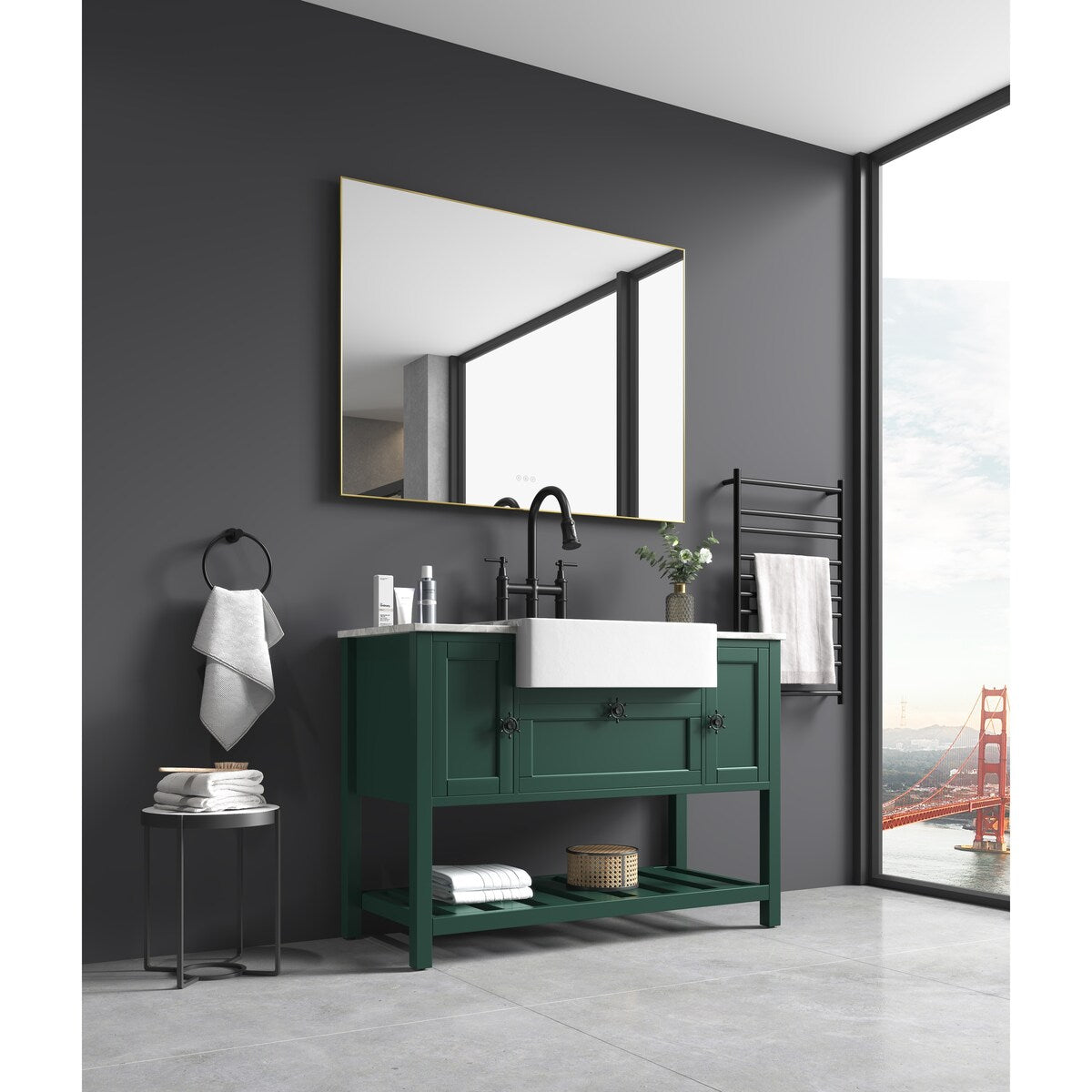 48" Farmhouse Single Bathroom Vanity Set with Imitation Stone Pattern Waterproof Countertop and Soft-Closing Doors.
