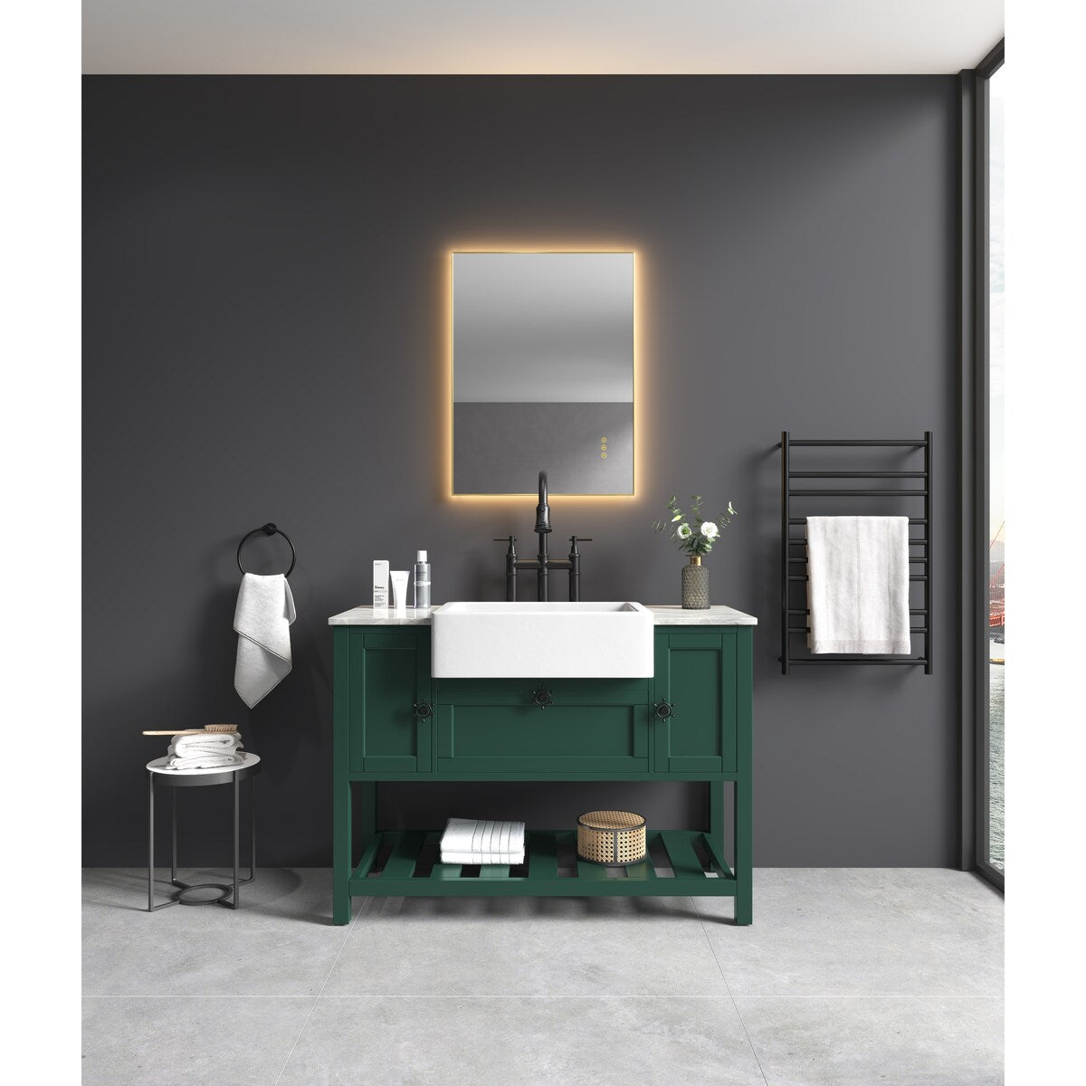 48" Farmhouse Single Bathroom Vanity Set with Imitation Stone Pattern Waterproof Countertop and Soft-Closing Doors.