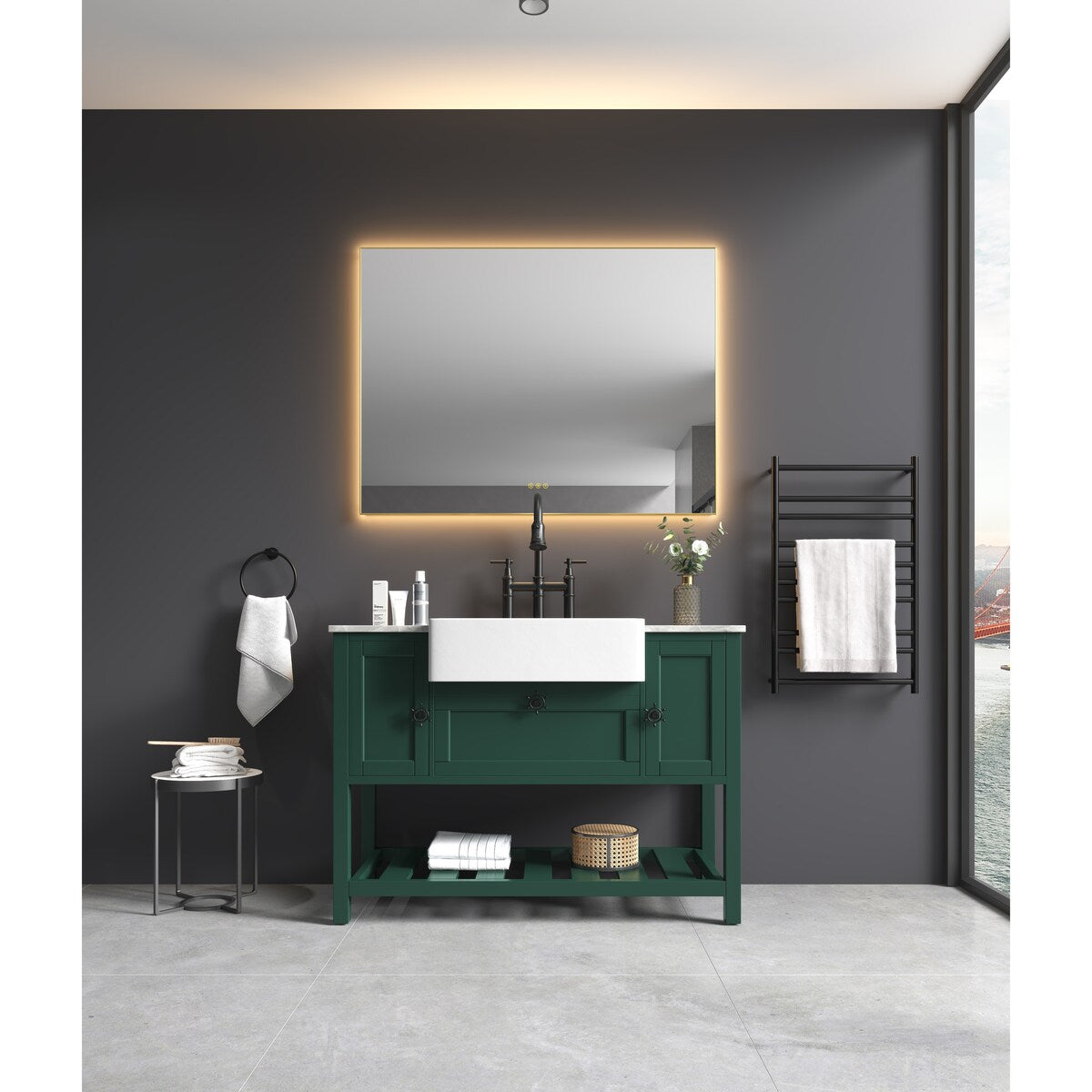 48" Farmhouse Single Bathroom Vanity Set with Imitation Stone Pattern Waterproof Countertop and Soft-Closing Doors.