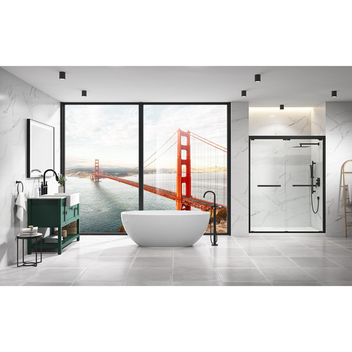 48" Farmhouse Single Bathroom Vanity Set with Imitation Stone Pattern Waterproof Countertop and Soft-Closing Doors.