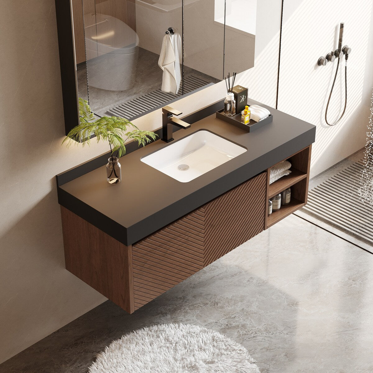 48" Modern Floating Single Bathroom Vanities, Solid Wood, Brown, 2 Drawers