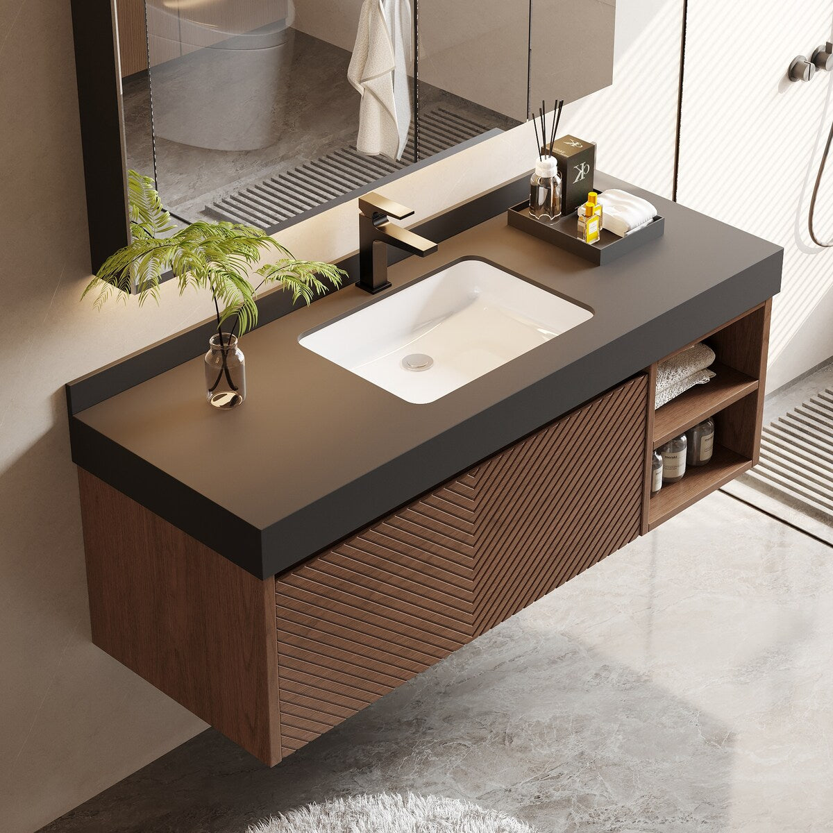 48" Modern Floating Single Bathroom Vanities, Solid Wood, Brown, 2 Drawers