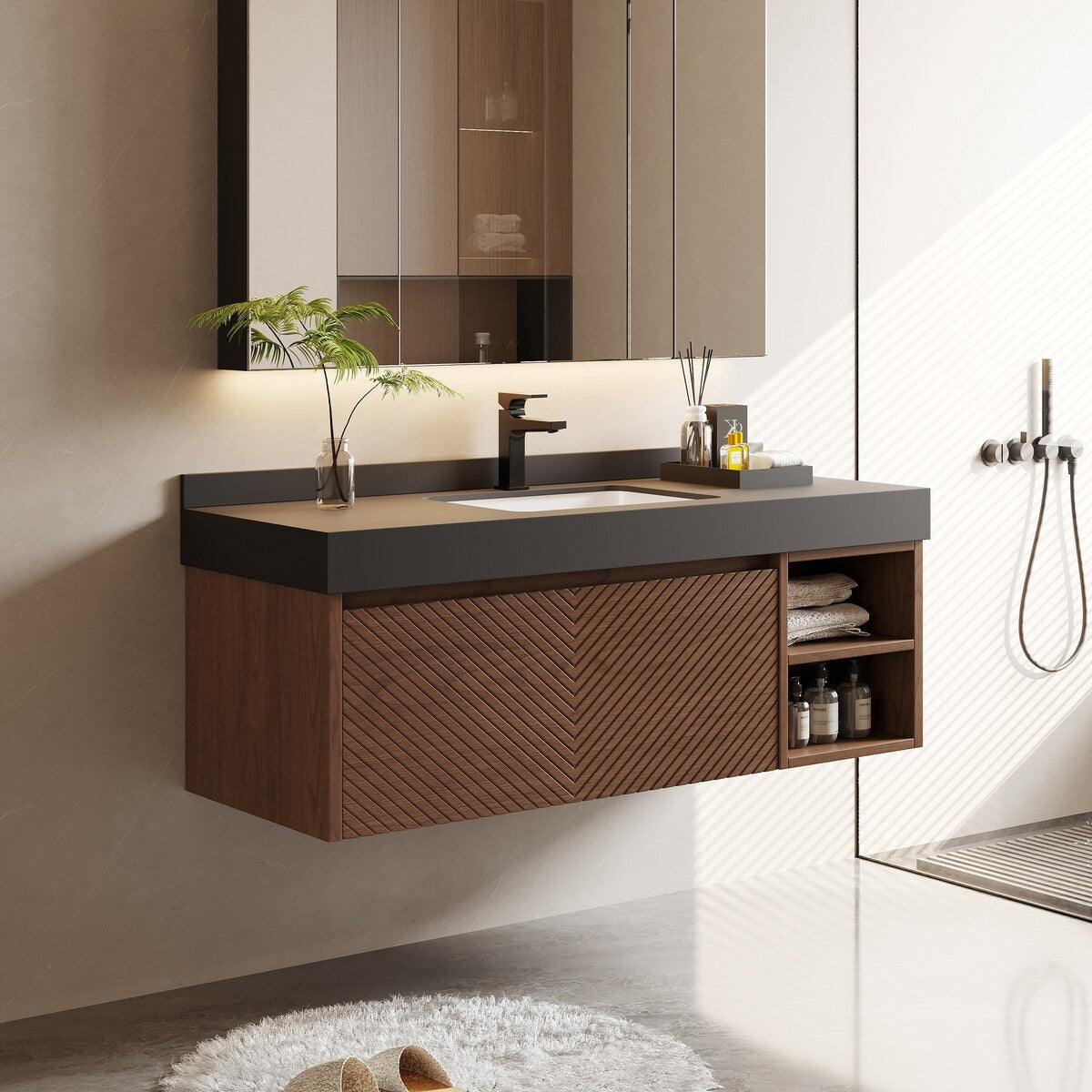 48" Modern Floating Single Bathroom Vanities, Solid Wood, Brown, 2 Drawers