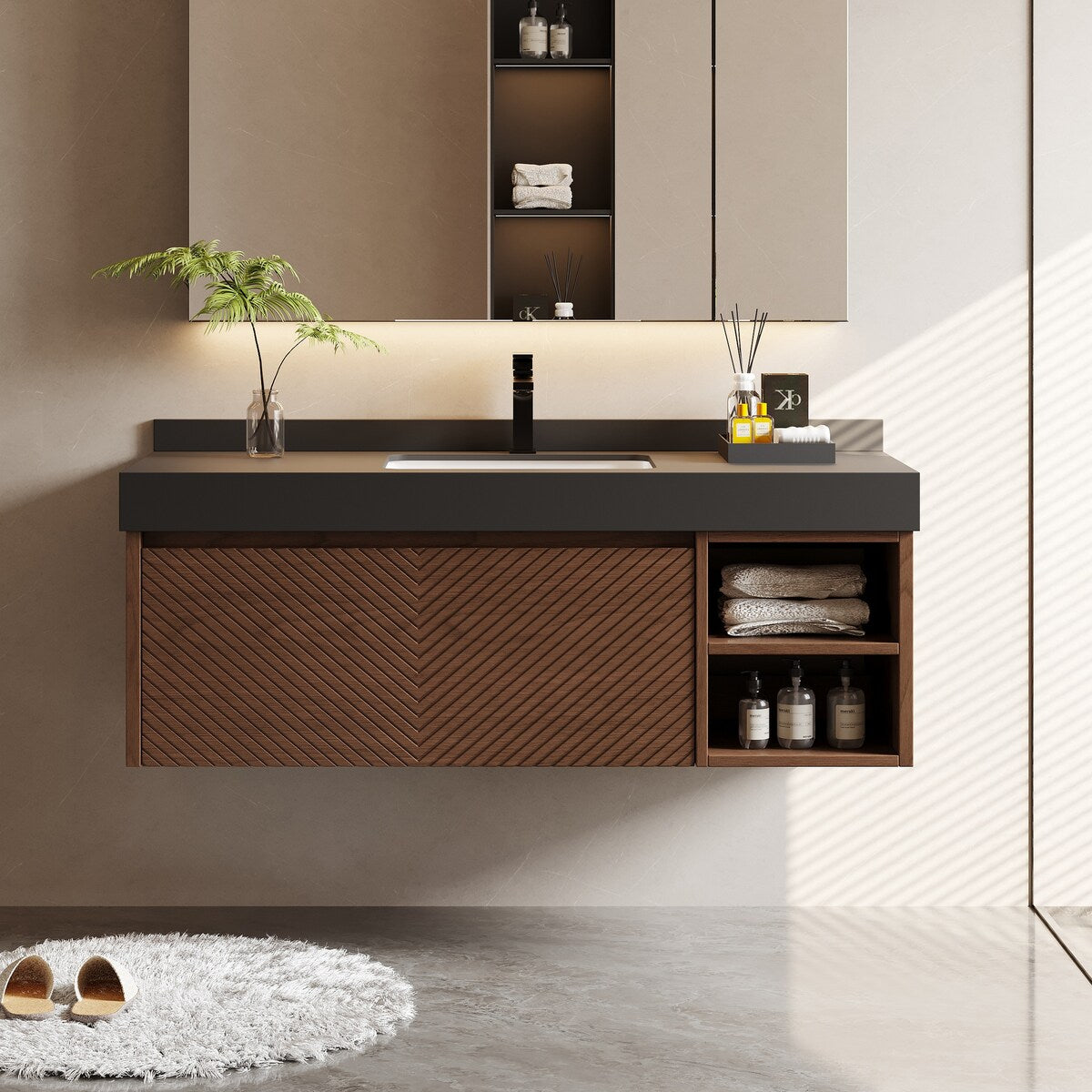 48" Modern Floating Single Bathroom Vanities, Solid Wood, Brown, 2 Drawers