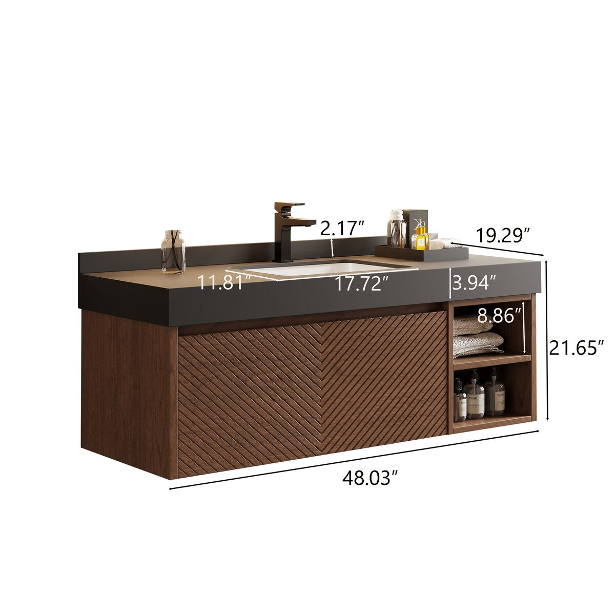 48" Modern Floating Single Bathroom Vanities, Solid Wood, Brown, 2 Drawers