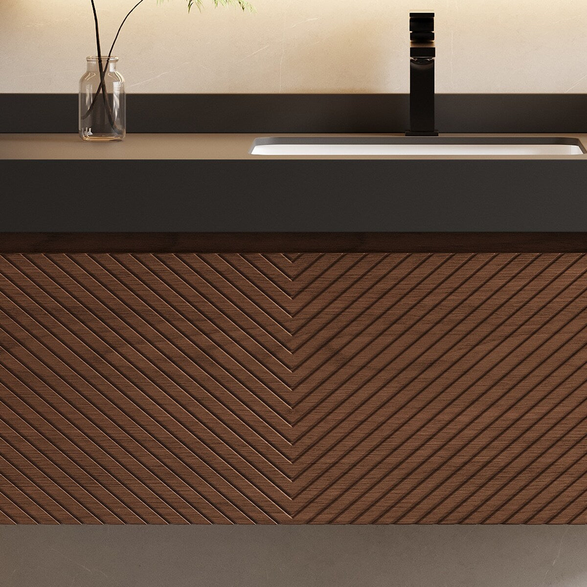 48" Modern Floating Single Bathroom Vanities, Solid Wood, Brown, 2 Drawers