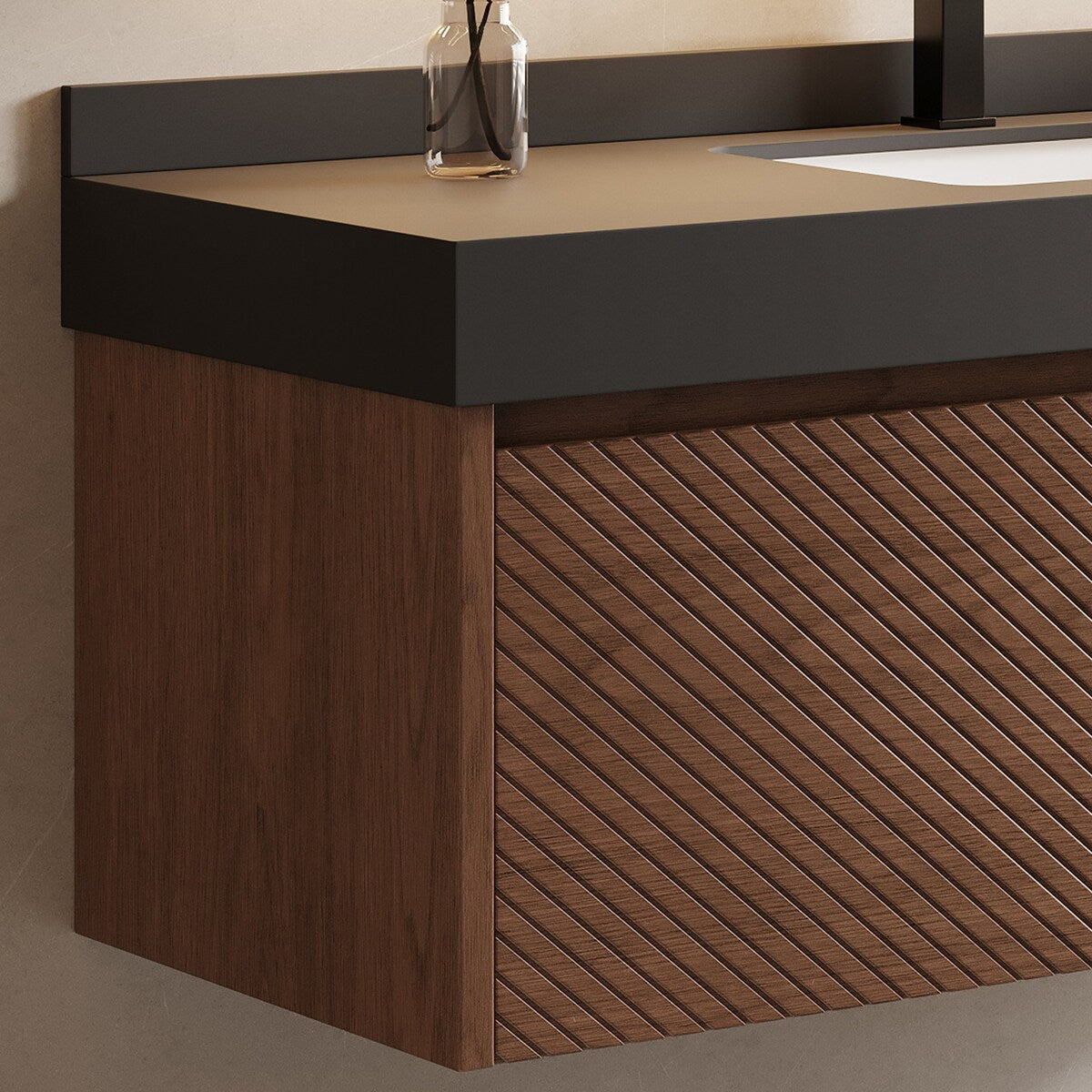 48" Modern Floating Single Bathroom Vanities, Solid Wood, Brown, 2 Drawers