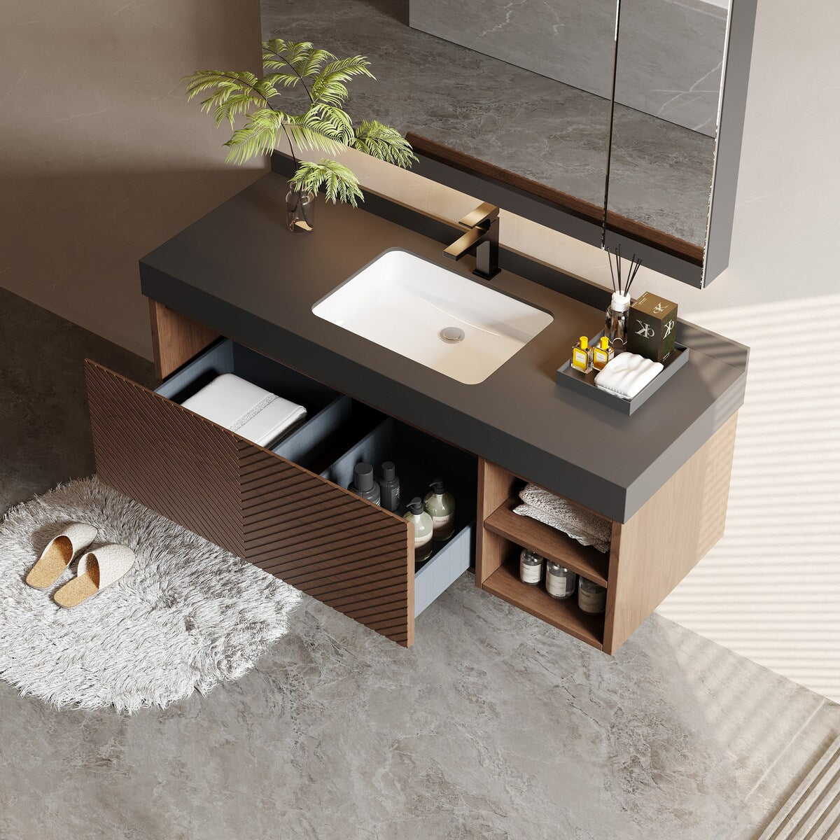 48" Modern Floating Single Bathroom Vanities, Solid Wood, Brown, 2 Drawers