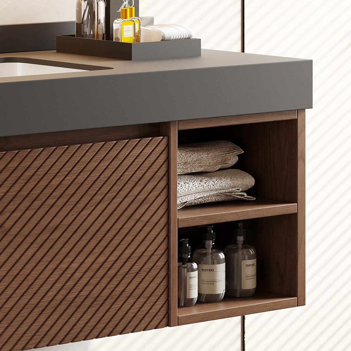 48" Modern Floating Single Bathroom Vanities, Solid Wood, Brown, 2 Drawers