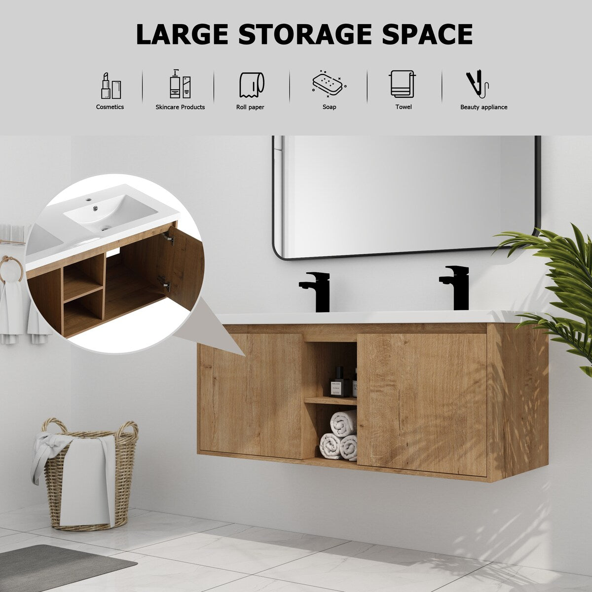 48" Wall Mounted Bathroom Vanity with Double Sink and Storage Cabinet, Soft Closing Door Hinge