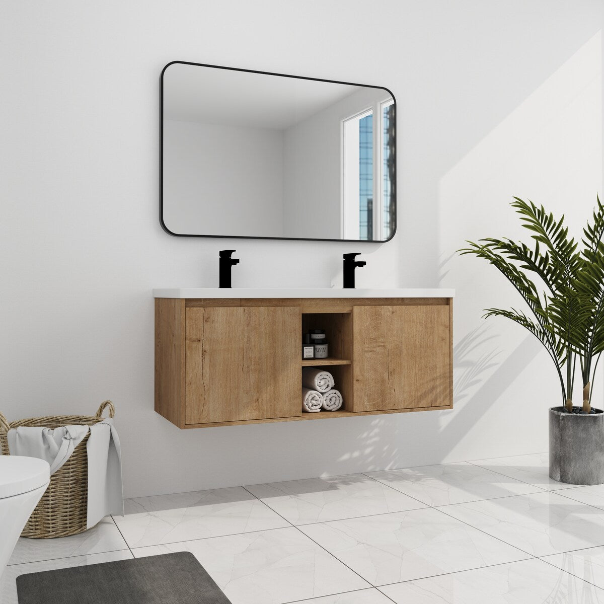 48" Wall Mounted Bathroom Vanity with Double Sink and Storage Cabinet, Soft Closing Door Hinge