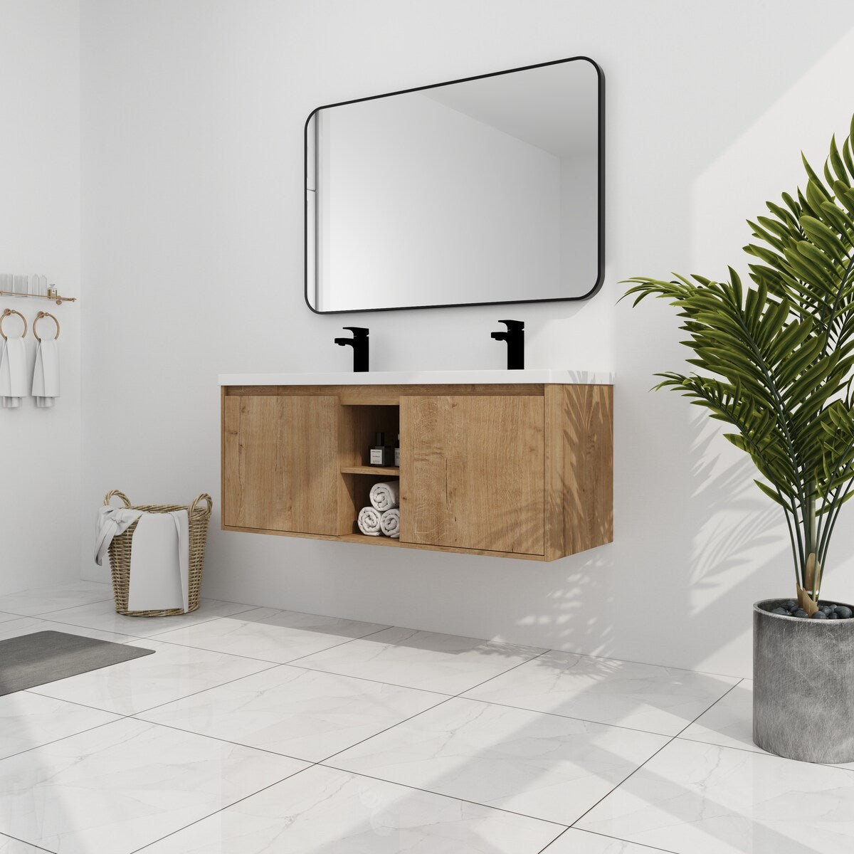 48" Wall Mounted Bathroom Vanity with Double Sink and Storage Cabinet, Soft Closing Door Hinge