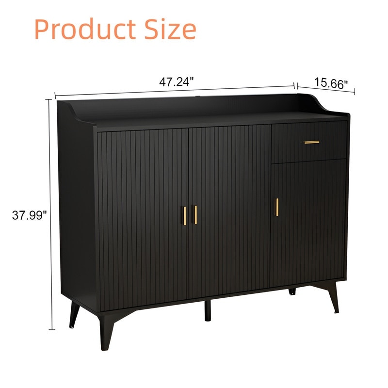 48"W Black Side cabinet with Storage, Buffet Cabinet with Storage, Sideboard with Door and drawer