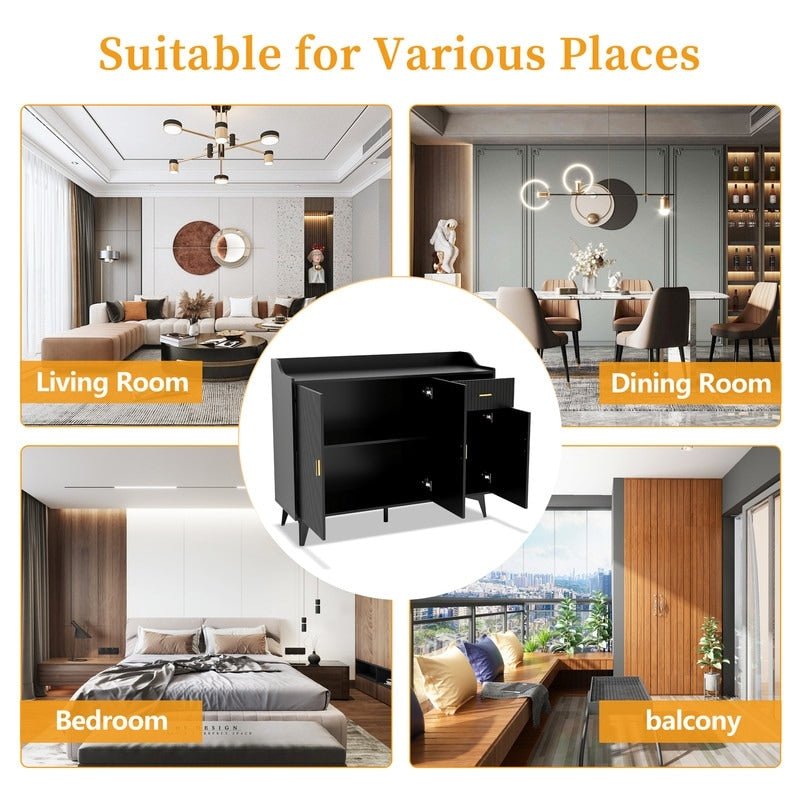 48"W Black Side cabinet with Storage, Buffet Cabinet with Storage, Sideboard with Door and drawer