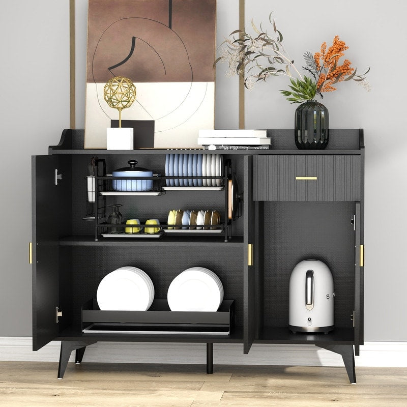 48"W Black Side cabinet with Storage, Buffet Cabinet with Storage, Sideboard with Door and drawer
