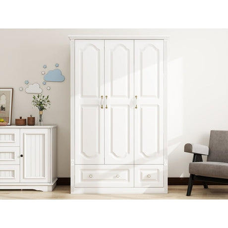 48"W Wardrobe with drawers and 3 doors,Closet Wardrobe,Wardrobe Closet Cabinet with Hanging Rod