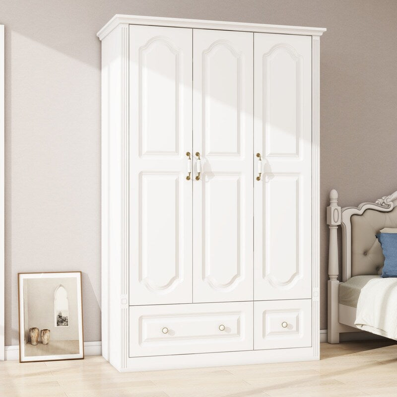 48"W Wardrobe with drawers and 3 doors,Closet Wardrobe,Wardrobe Closet Cabinet with Hanging Rod