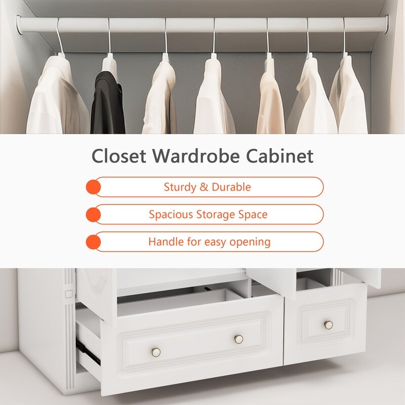 48"W Wardrobe with drawers and 3 doors,Closet Wardrobe,Wardrobe Closet Cabinet with Hanging Rod
