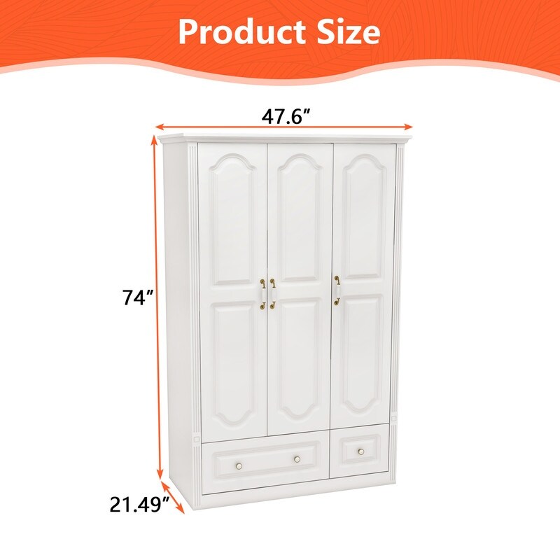 48"W Wardrobe with drawers and 3 doors,Closet Wardrobe,Wardrobe Closet Cabinet with Hanging Rod