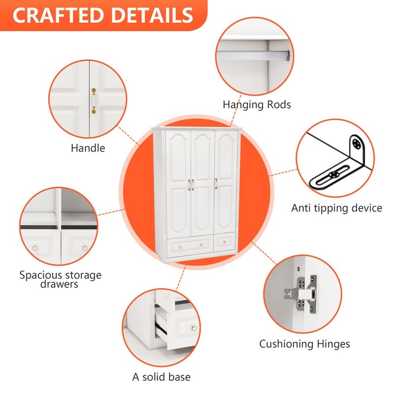 48"W Wardrobe with drawers and 3 doors,Closet Wardrobe,Wardrobe Closet Cabinet with Hanging Rod