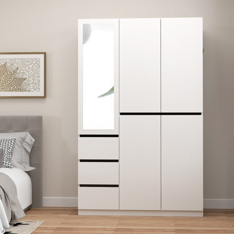 48"W white Wardrobe Closet ，Wardrobe Clothes Storage with drawer and Hanging Rail