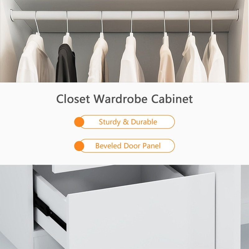 48"W white Wardrobe Closet ，Wardrobe Clothes Storage with drawer and Hanging Rail