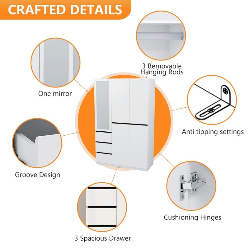 48"W white Wardrobe Closet ，Wardrobe Clothes Storage with drawer and Hanging Rail