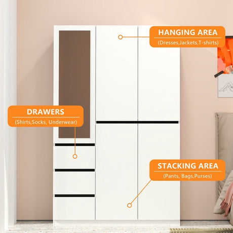 48"W white Wardrobe Closet ，Wardrobe Clothes Storage with drawer and Hanging Rail