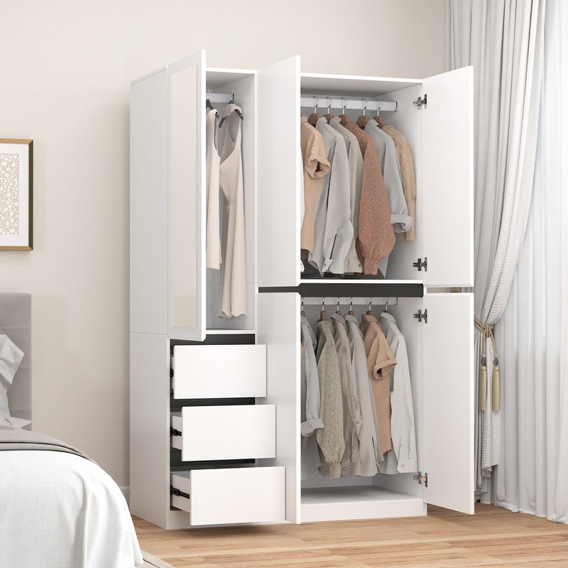 48"W white Wardrobe Closet ，Wardrobe Clothes Storage with drawer and Hanging Rail