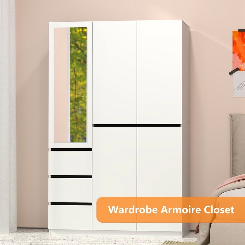 48"W white Wardrobe Closet ，Wardrobe Clothes Storage with drawer and Hanging Rail