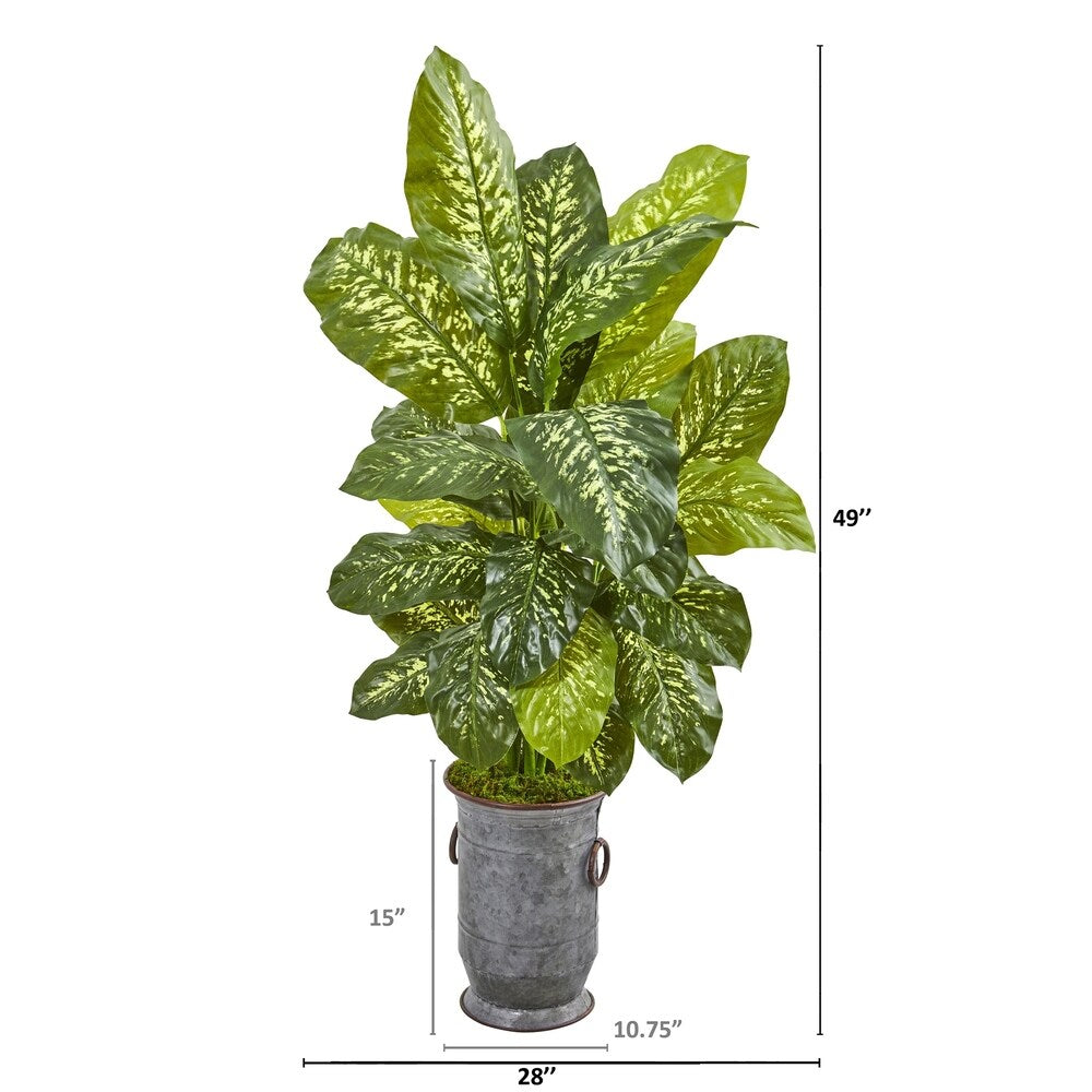 49" Dieffenbachia Artificial Plant in Vintage Metal Planter (Real Touch)