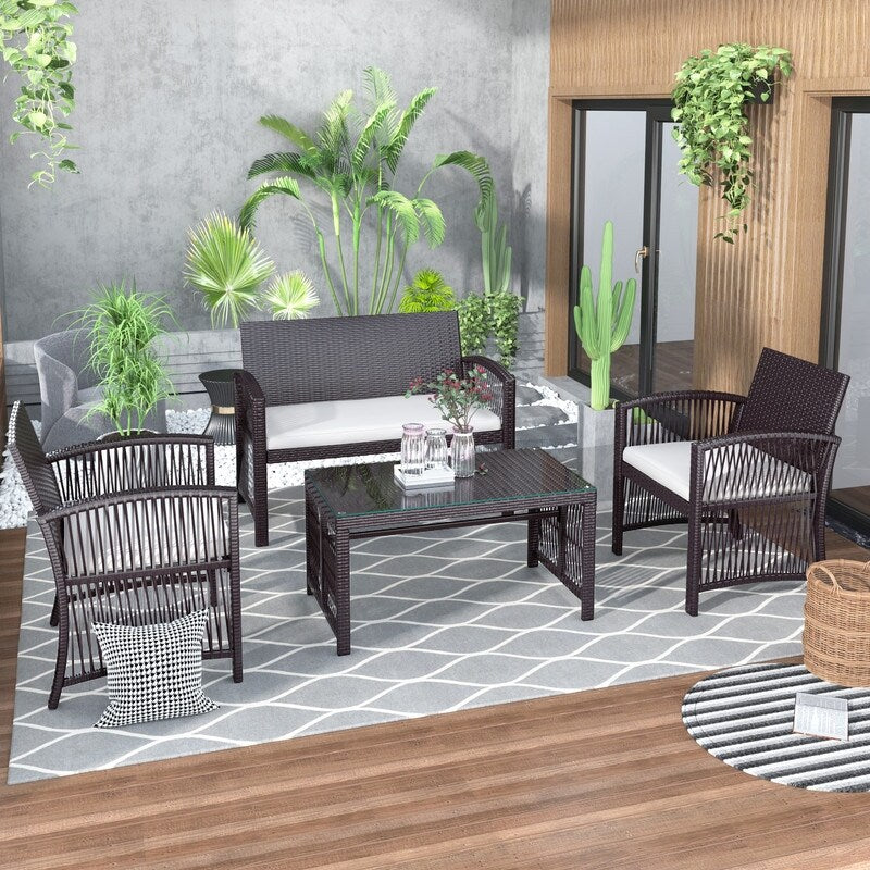 4PCS Patio Furniture Rattan Chair & Table Set Outdoor Sofa Set, Brown