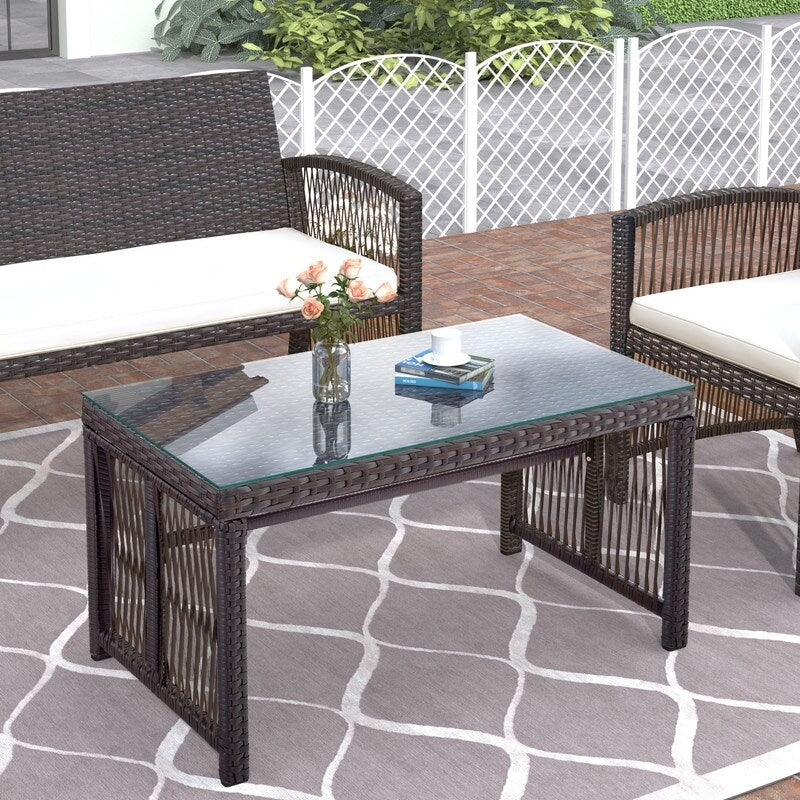 4PCS Patio Furniture Rattan Chair & Table Set Outdoor Sofa Set, Brown
