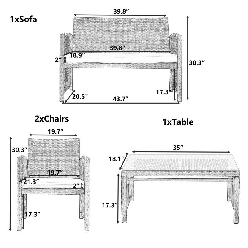 4PCS Patio Furniture Rattan Chair & Table Set Outdoor Sofa Set, Brown