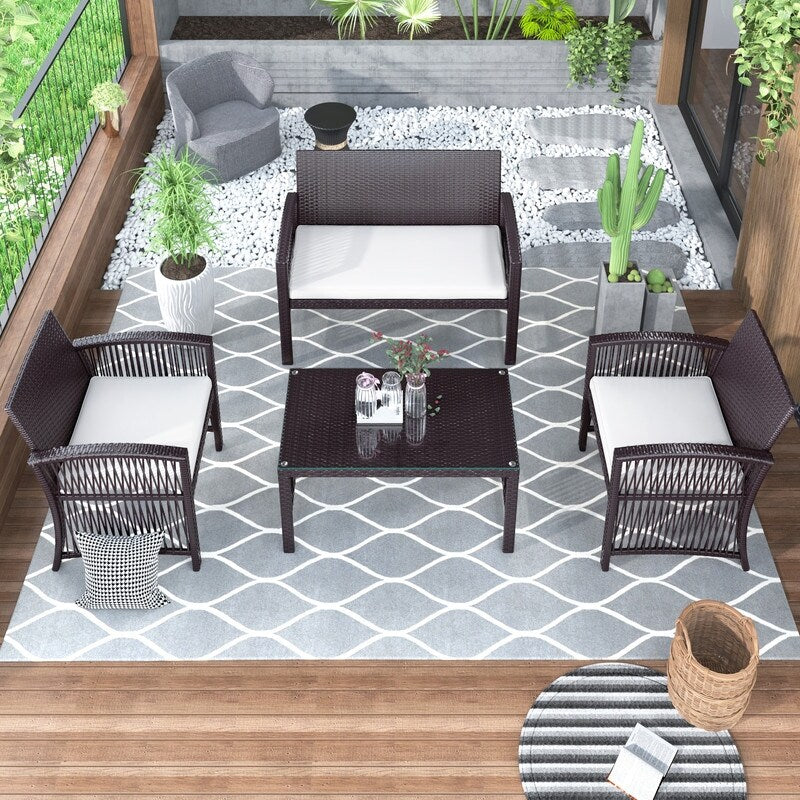 4PCS Patio Furniture Rattan Chair & Table Set Outdoor Sofa Set, Brown