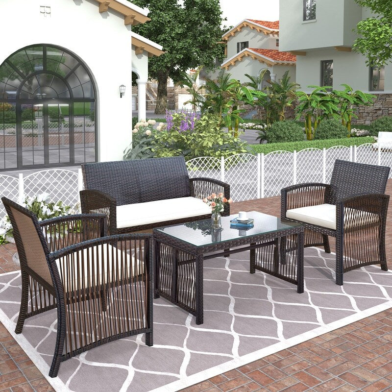 4PCS Patio Furniture Rattan Chair & Table Set Outdoor Sofa Set, Brown