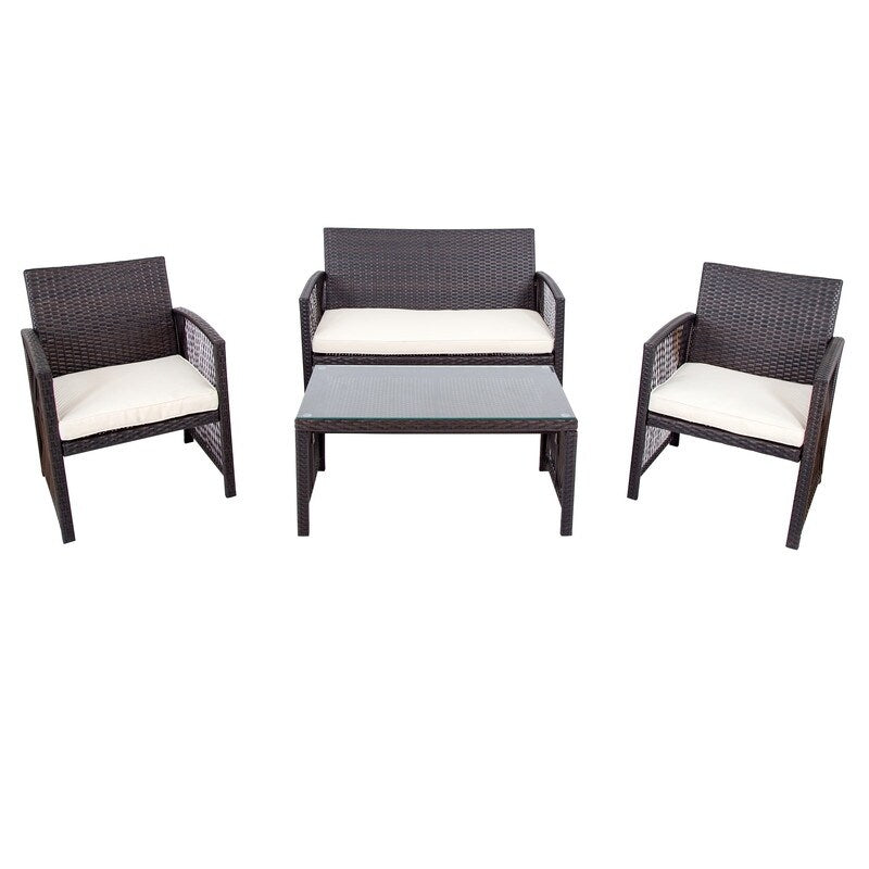 4PCS Patio Furniture Rattan Chair & Table Set Outdoor Sofa Set, Brown