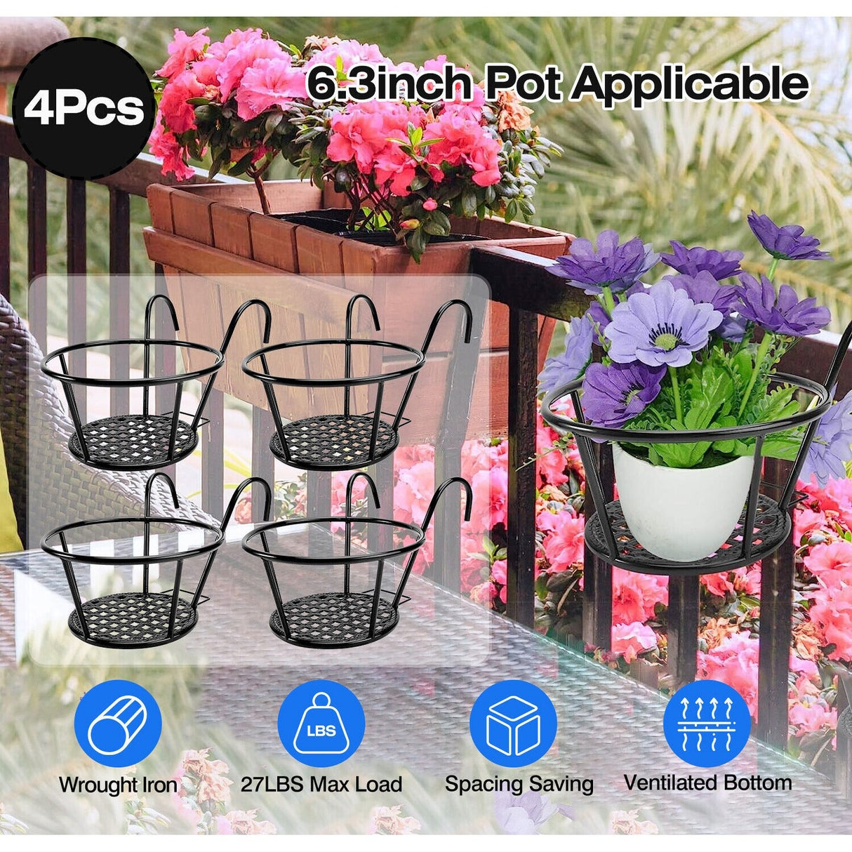 4Pcs Iron Hanging Railing Planters with Hooks