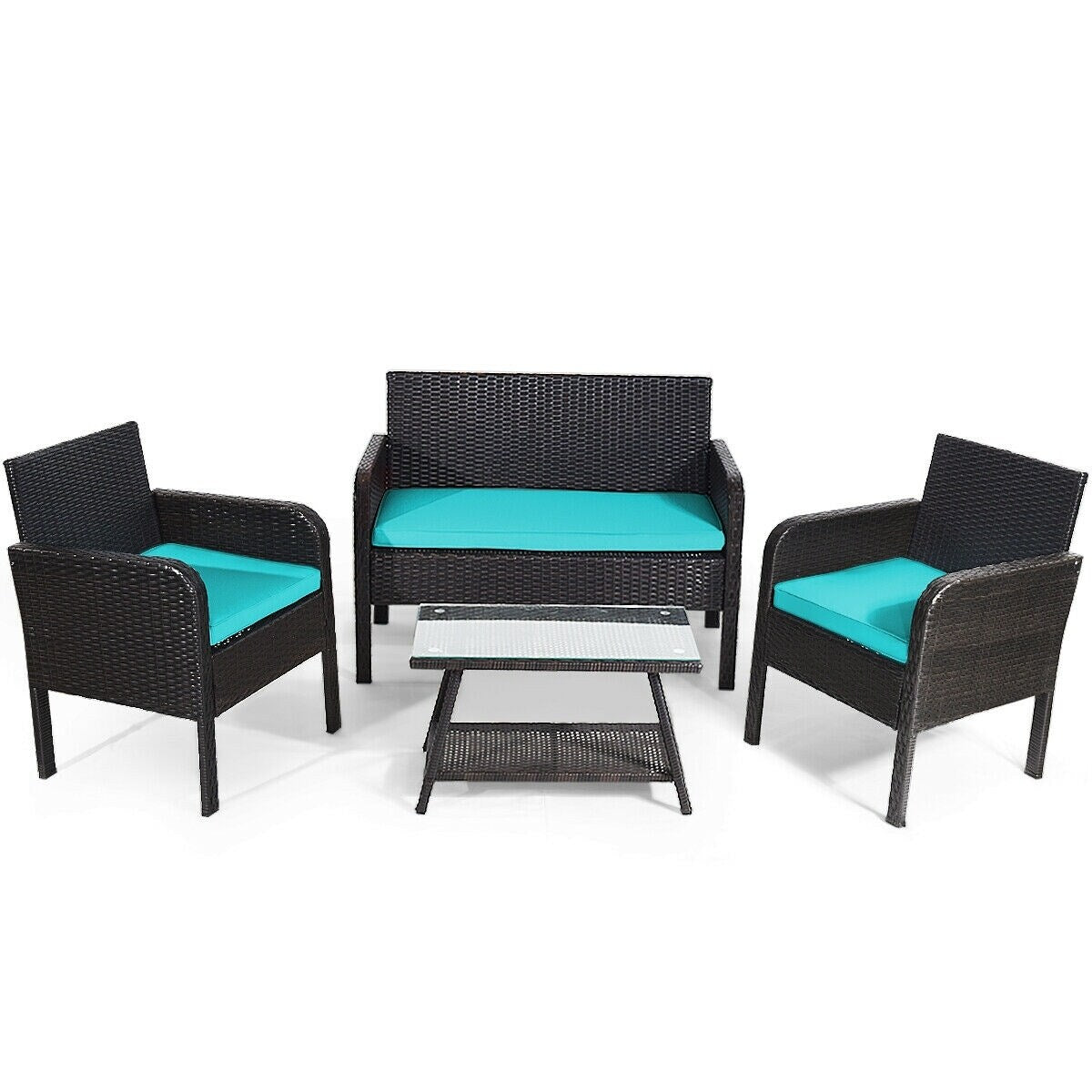 4Pcs Patio Rattan Wicker Furniture Set Conversation Sofa Bench Cushion