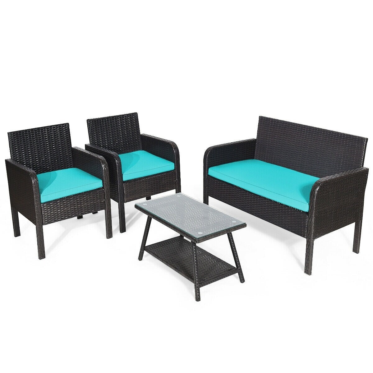 4Pcs Patio Rattan Wicker Furniture Set Conversation Sofa Bench Cushion