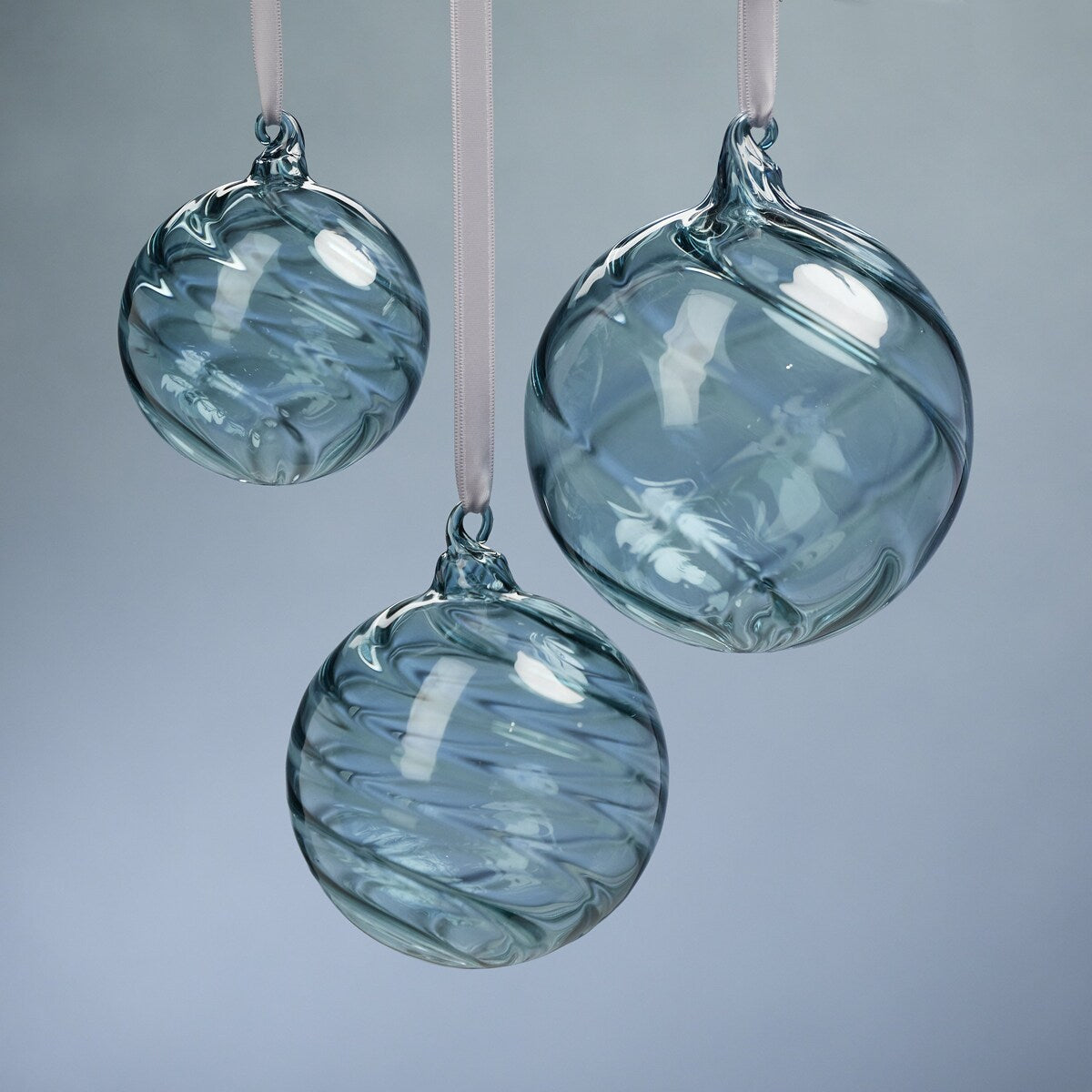 4" Winter Blue Swirl Blown Glass Ball Ornaments, Set of 6