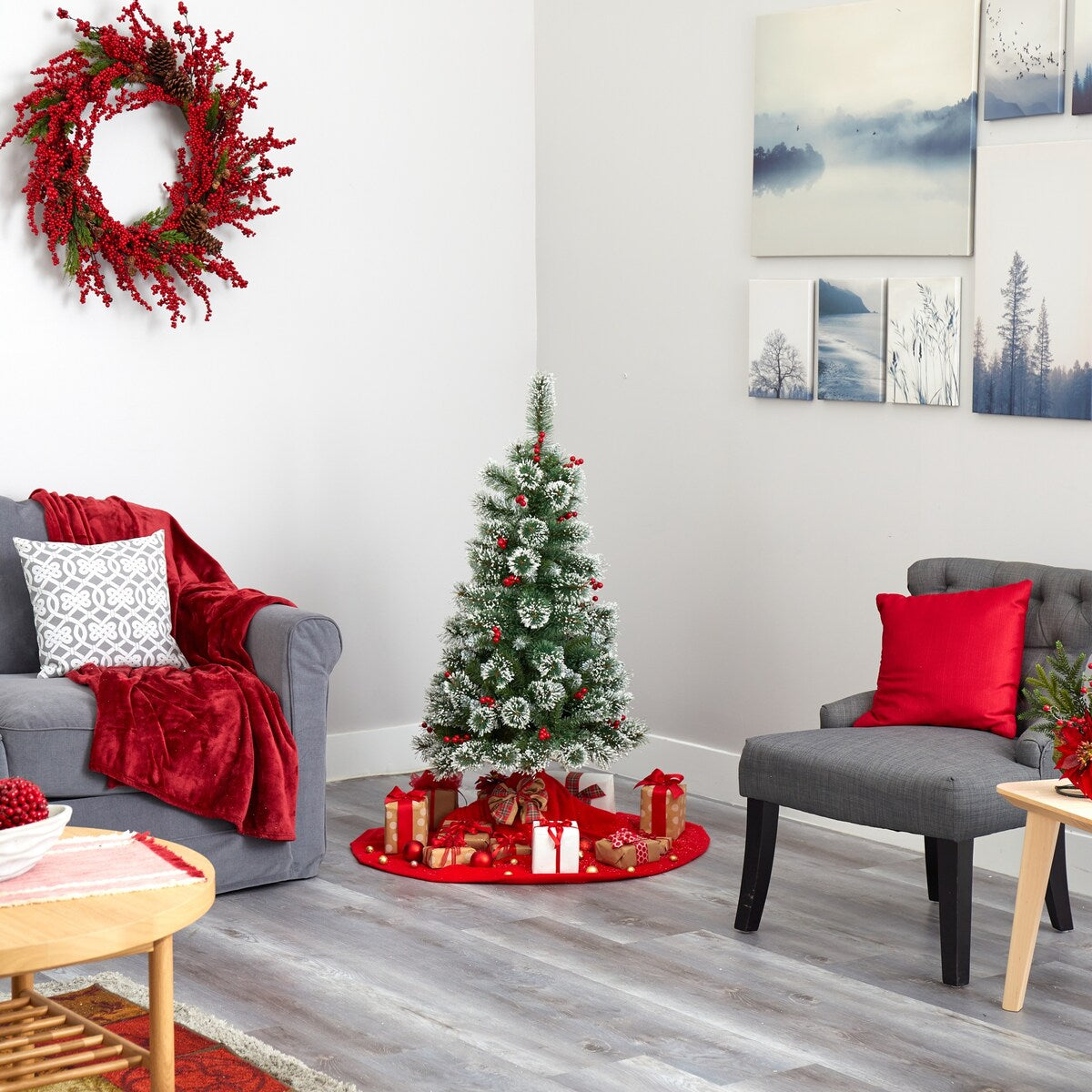 4' Frosted Swiss Pine Artificial Christmas Tree with 100 Clear LED Lights and Berries