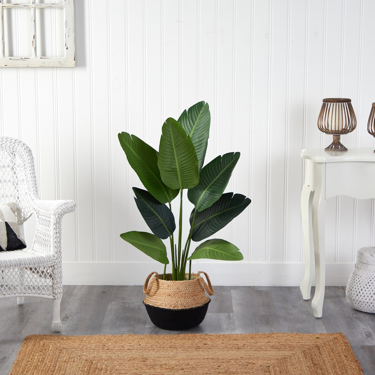 4' Travelers Palm Artificial Tree in Boho Chic Handmade Cotton & Jute Black Woven Planter