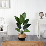 4' Travelers Palm Artificial Tree in Boho Chic Handmade Cotton & Jute Black Woven Planter