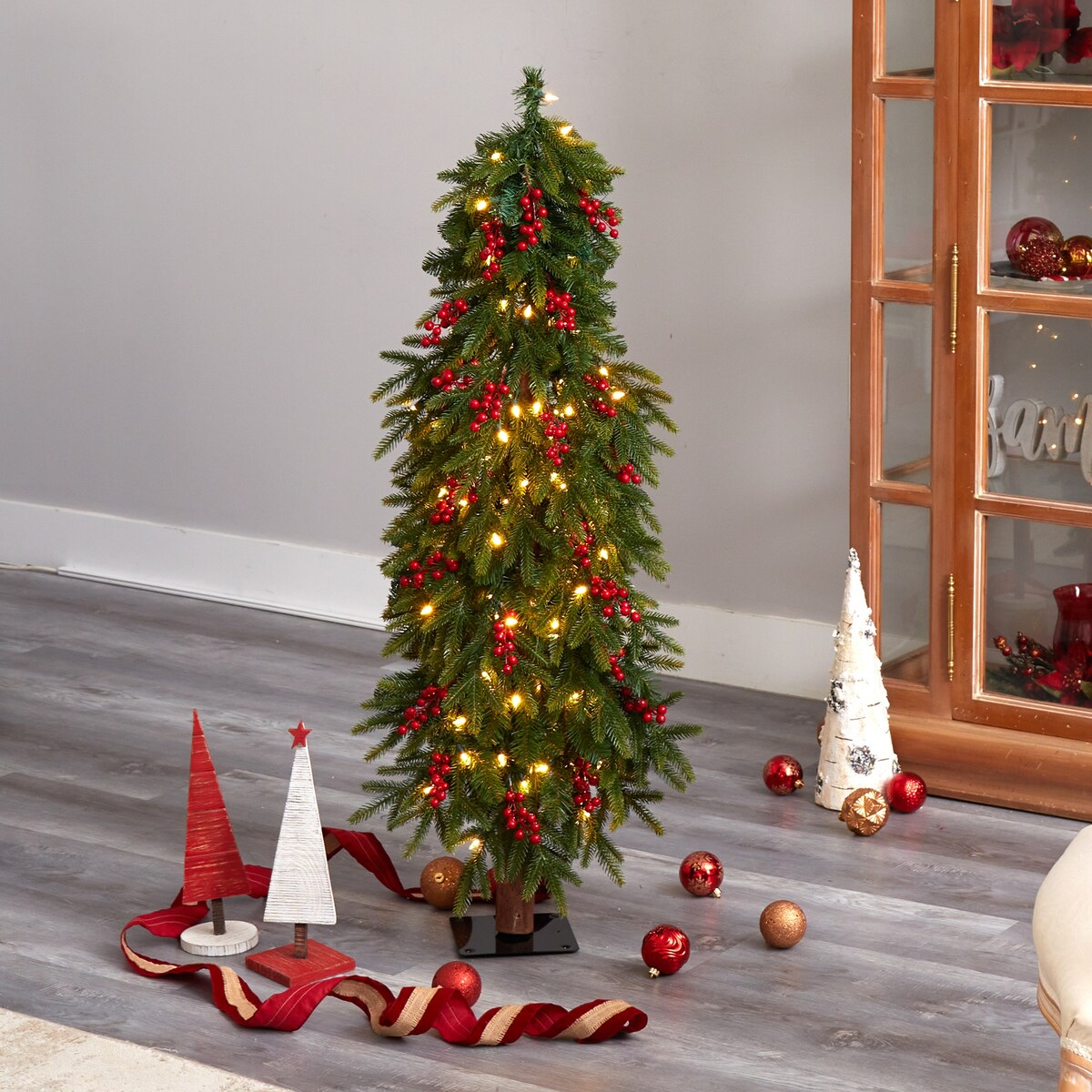 4' Victoria Fir Artificial Christmas Tree with 100 Multi-Color (Multifunction) LED Lights, Berries and 171 Bendable Branches